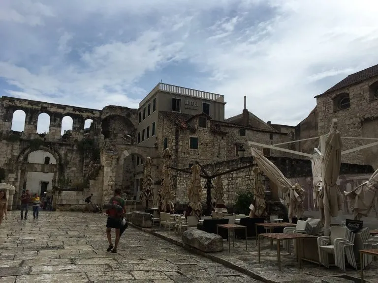 Stone building with outdoor seating